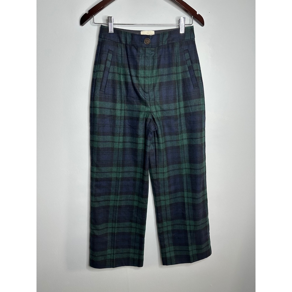 Sézane Martin Trousers Women‎ 36 Green Navy Black Watch Plaid Wool EUC High Rise